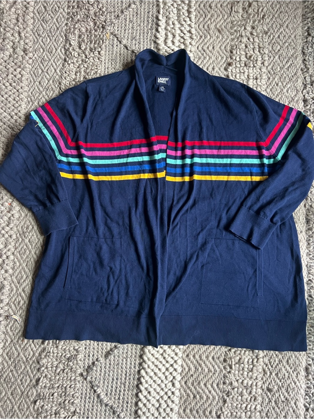 Lands' End Navy Shawl Cardigan with Pink, Teal, Light Blue & Yellow Stripes